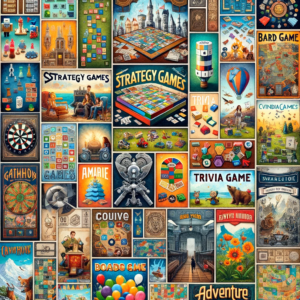 DALL·E 2023-12-28 13.47.51 - An image showcasing a variety of board game themes for a scrapbook challenge. The picture features distinct sections, each dedicated to a different ty