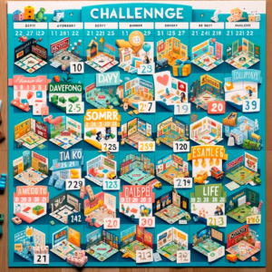 DALL·E 2023-12-28 13.50.56 - An image depicting a challenge calendar for a scrapbook event, with each day featuring a different popular board game. The calendar is designed in a p