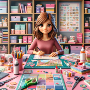 DALL·E 2023-12-28 13.54.45 - An image depicting a behind-the-scenes view of the scrapbook challenge, showing a brown-haired lady working at her pink desk. The desk is covered with